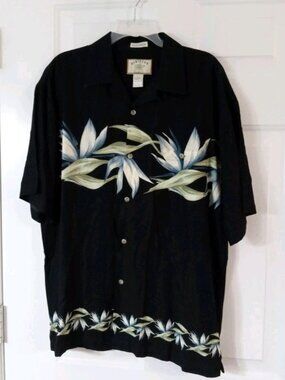 Hibiscus Hawaii Men's Size Large Hawaiian Black Floral Shirt 100% Rayon